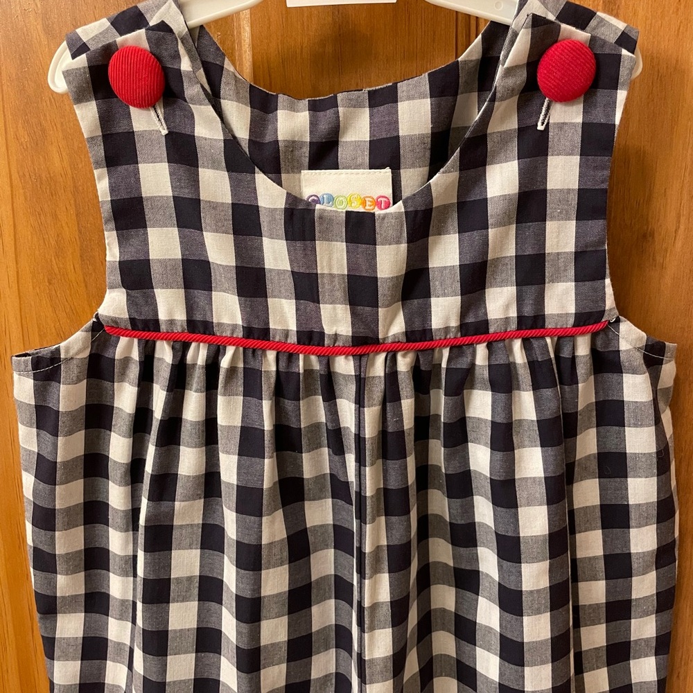 Navy & white check long bubble w/red corduroy, 24M